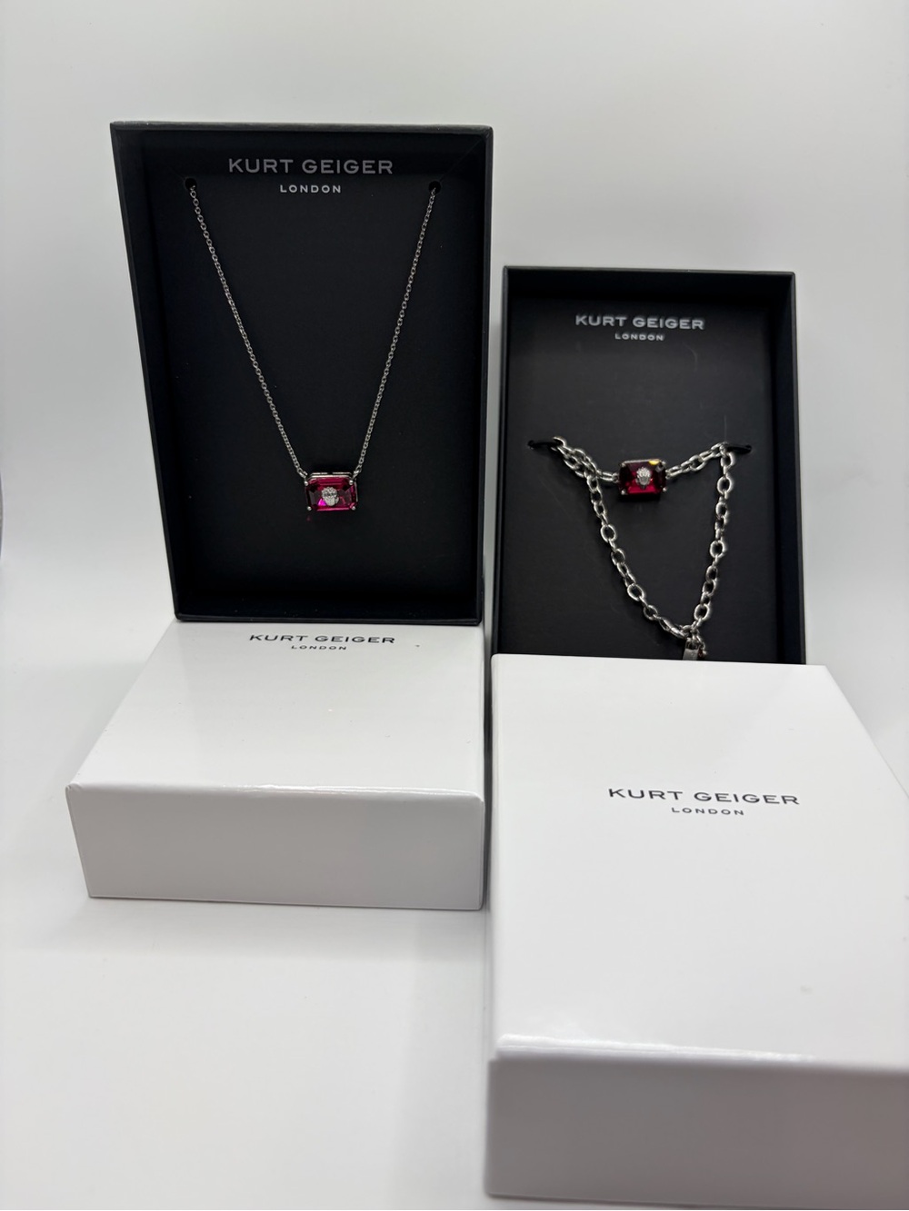Kurt Geiger Silver Necklace with Pink Gemstone Pendant & Bracelet
